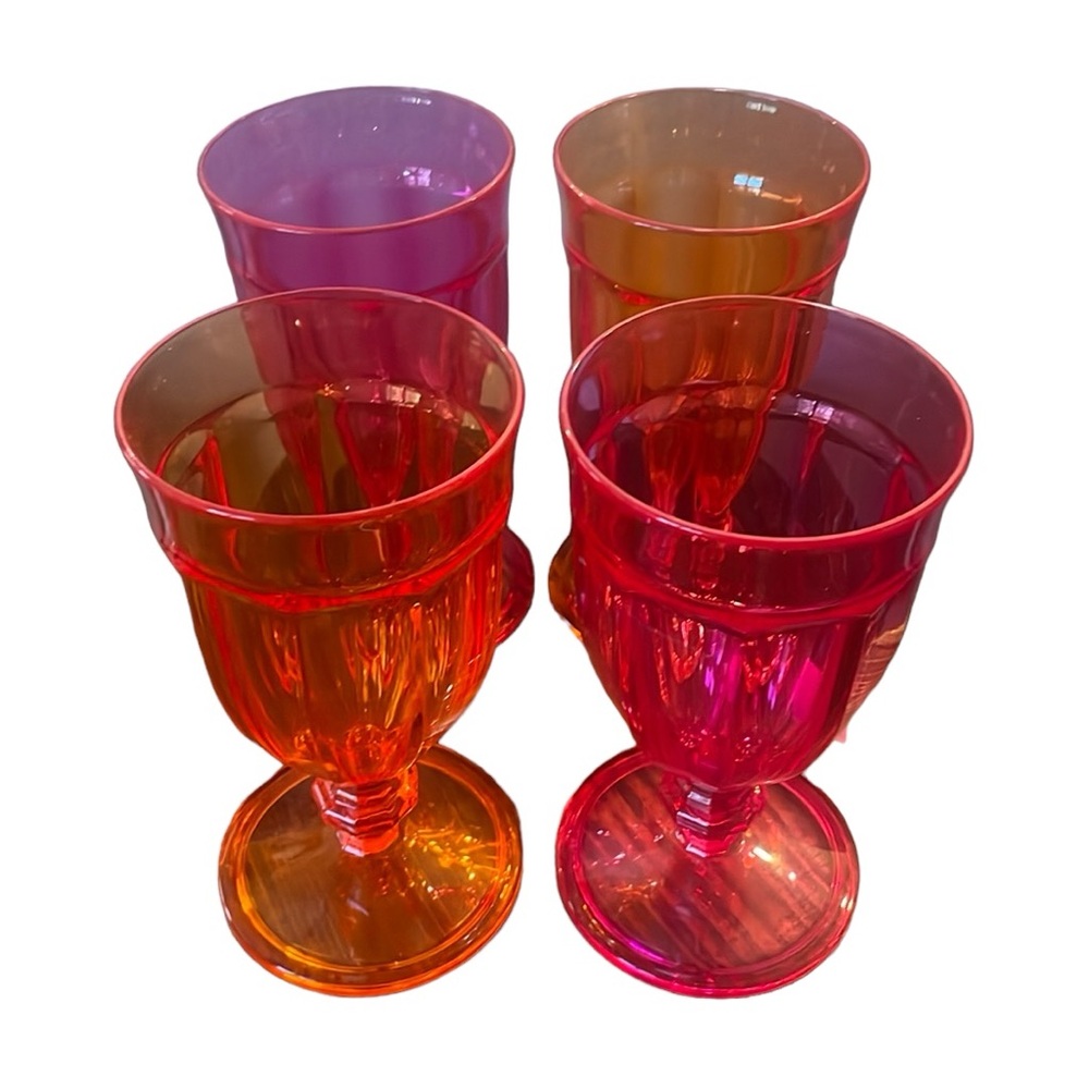 Wine Water Goblet Glasses 4 pc Set Hard Plastic Orange Pink Swim Pool Cabana New